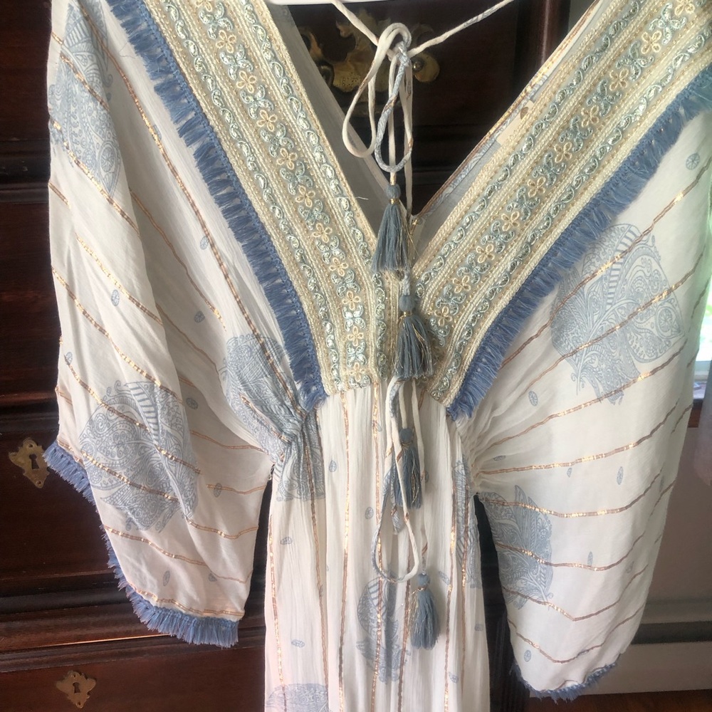 Embroidered Boho Tassel Tie Dress - Cream & Dusty Blue